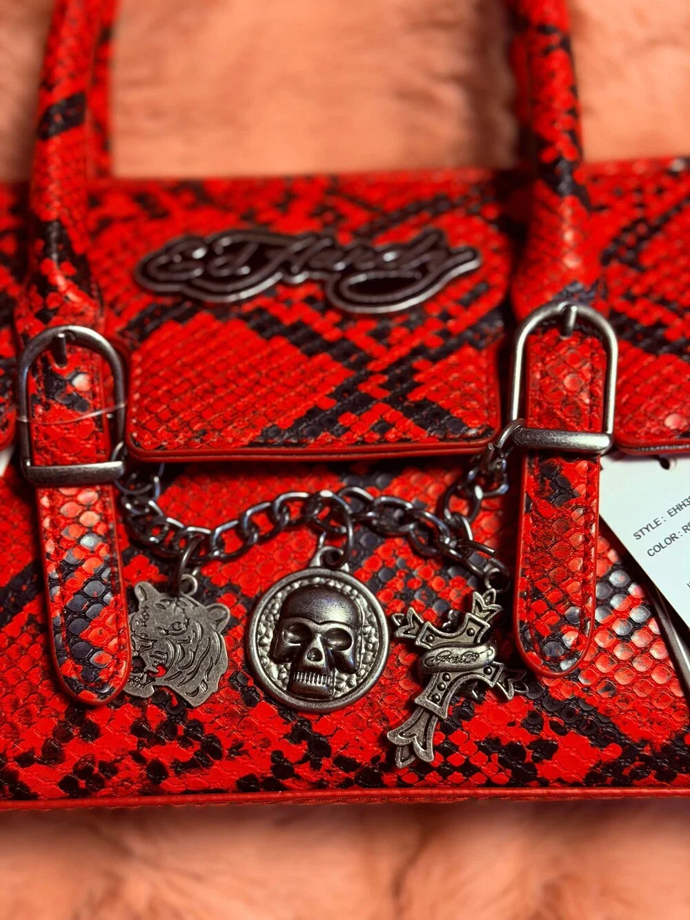 Ed Hardy Red Snake Satchel Crossbody Bag Snakeskin Print Purse NWT